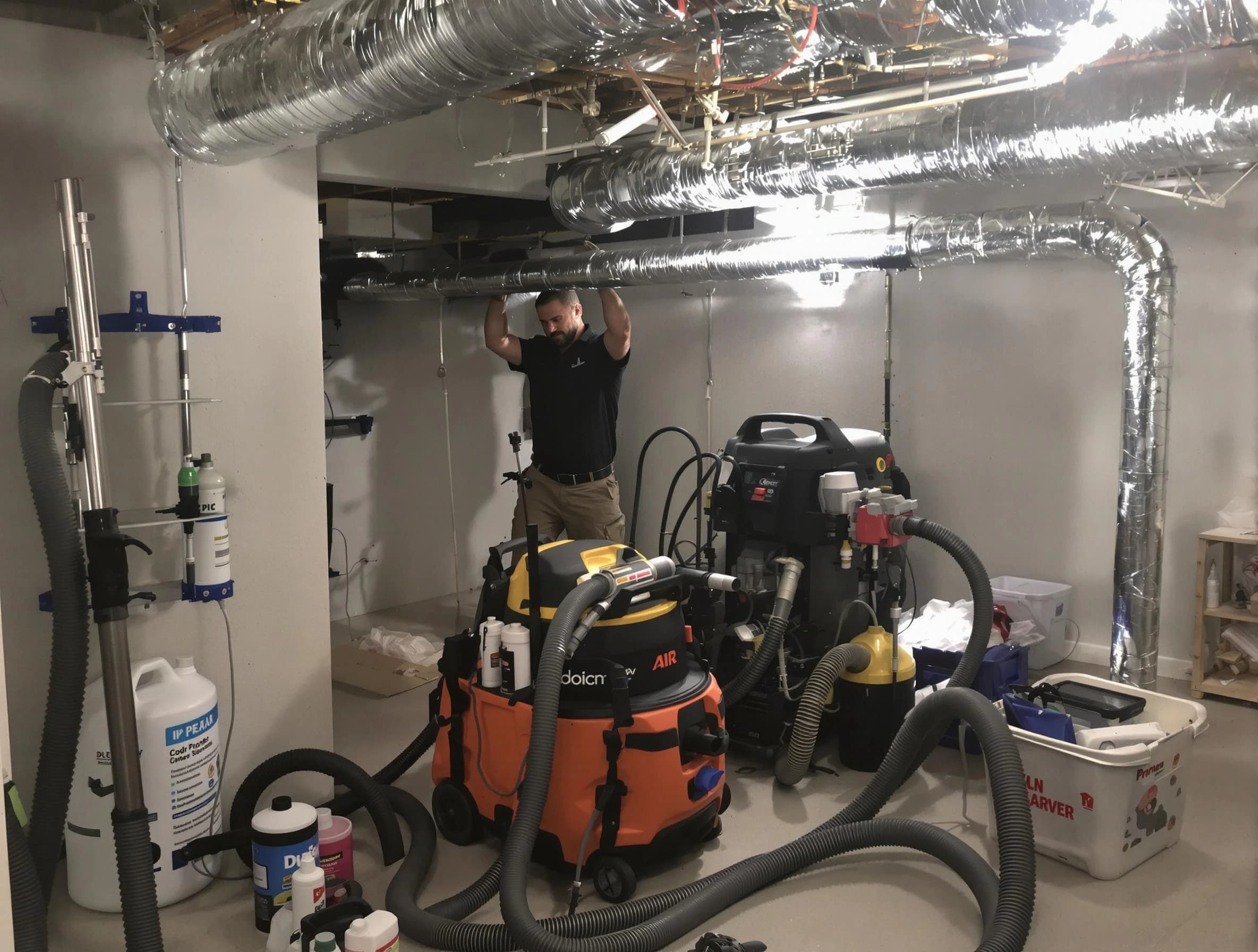 Brookhaven Air Duct Cleaning specialist performing professional mold removal from air ducts using safety equipment in Brookhaven
