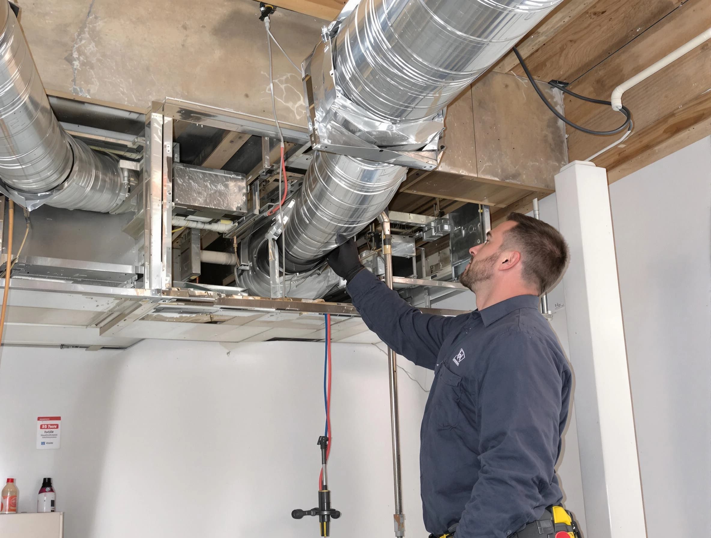 Brookhaven Air Duct Cleaning technician performing professional air duct repair using specialized tools in Brookhaven