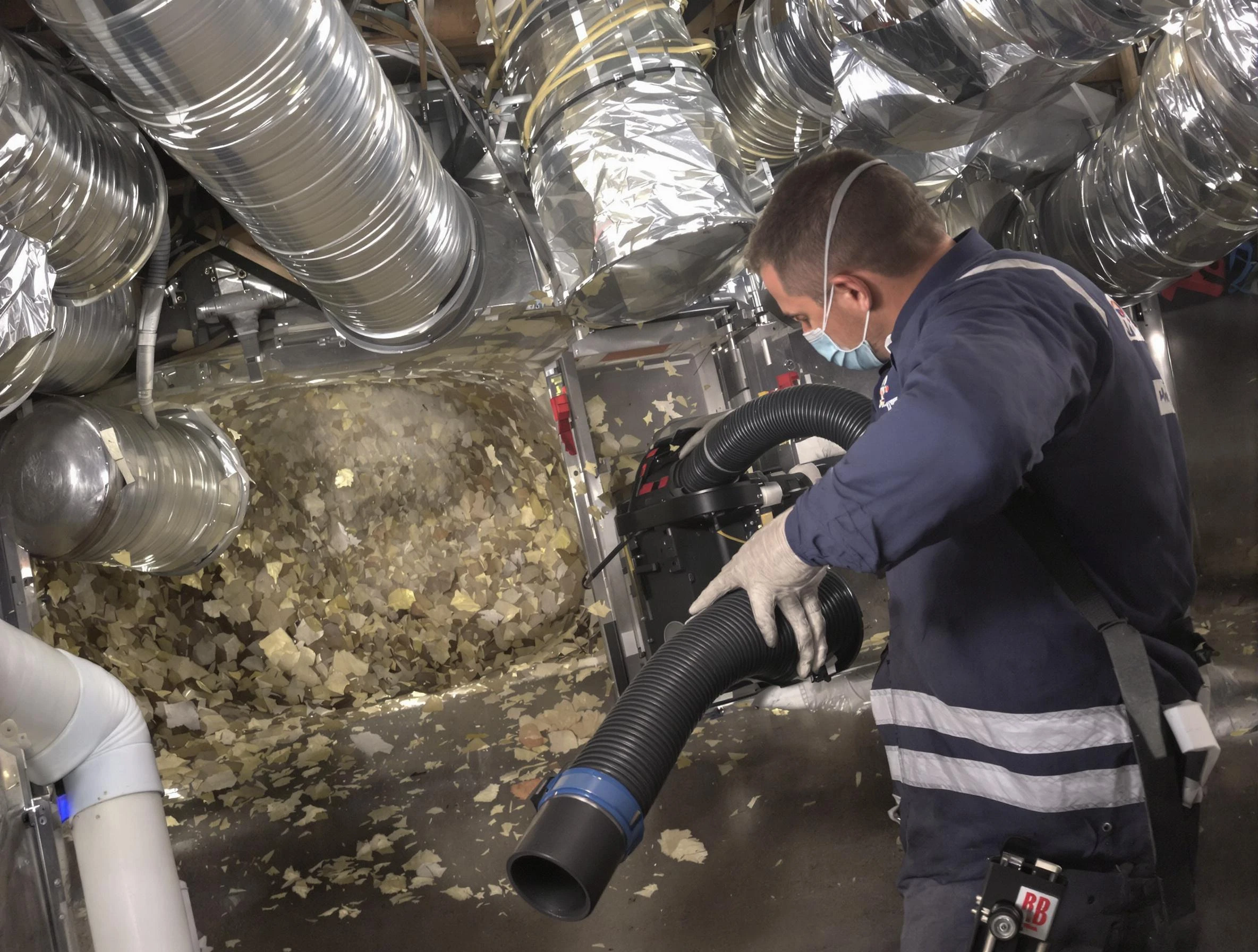 Brookhaven Air Duct Cleaning specialist operating negative pressure cleaning equipment for thorough duct maintenance in Brookhaven